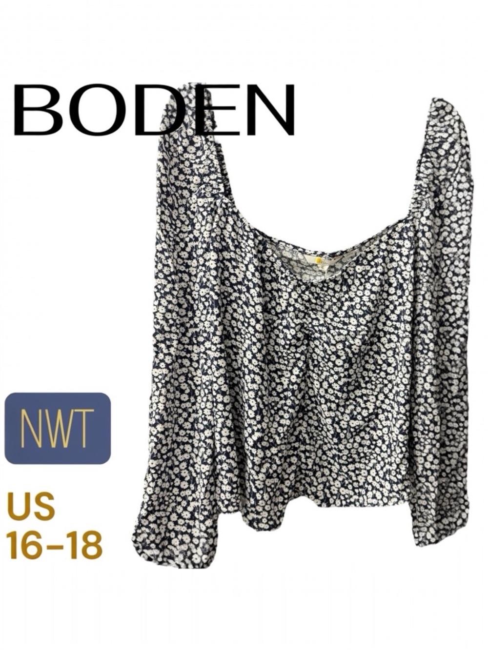 Boden Navy and White Floral Blouse